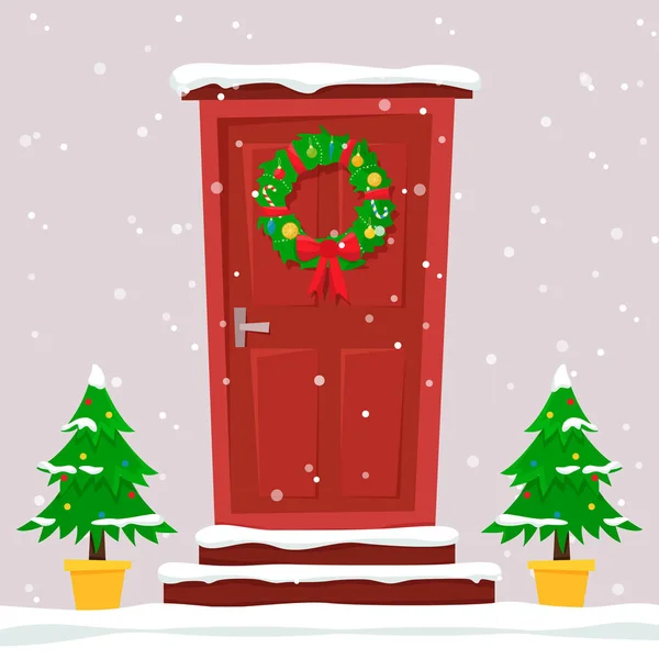 Red Door Wreath Christmas Lanterns Fir Trees Sides Vector Illustration — Stockfoto