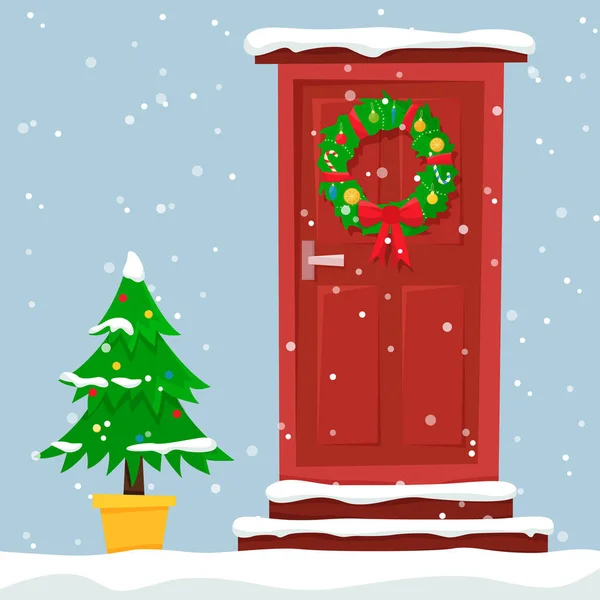 Christmas Red Door Wreath Snow Fir Flat Style Vector Illustration — Stockfoto