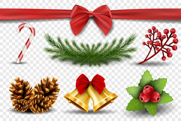Set Decorative Elements Merry Christmas Candy Cane Spruce Branch Rowan — Stockfoto