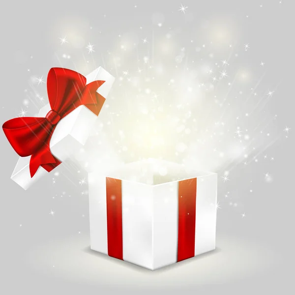 Opened Gift Box Red Bow Lights — Stock Photo, Image