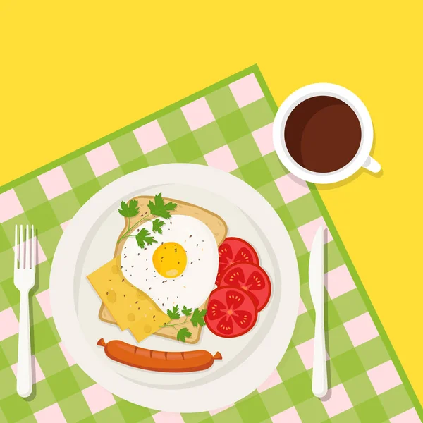 Kahvaltıda. Bir fincan kahve, peynirli omlet, sosis ve domates dilimleri, kızarmış ekmek. Damalı bir masa örtüsünün arka planında vektör illüstrasyonu, düz tasarım
