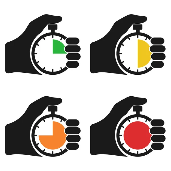 Stopwatch in hand, icon set black isolated on white background. Vector illustration flat design. Sport timer on competitions. Trainer holding stopwatch. Start, finish. Time management.