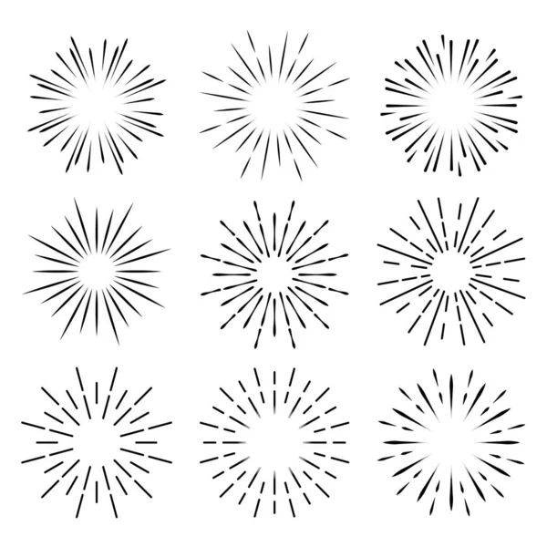 Işık ışınları, kuvvetli güneş ışığı ve güneş ışınlarının kümesi. Tasarım öğeleri, Doğrusal çizim, vintage hippi tarzı. Işık ışınları sunburst, ok, şerit vektör çizim