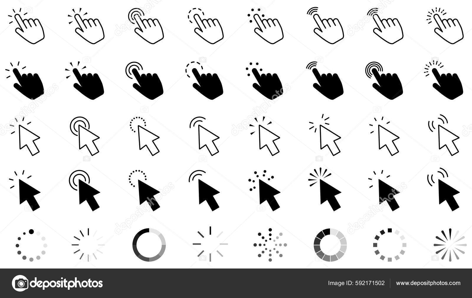 Mouse click cursor set. Hand Cursor. Click icon. Mouse pointer set. Arrow  cursor. Pointer click icon. Clicking cursor, pointing hand clicks and  waiting loading icons. Website arrows or hand icon. Stock Illustration