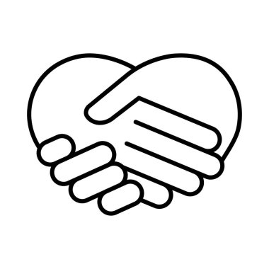 Beyaz arkaplanda kalp vektörü ana hatları simgesi şeklinde tokalaşma, Sevgililer Günü simgesi