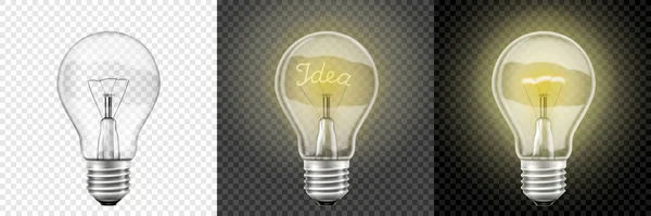 Glowing Turned Light Bulbs Vector Realistic Set Incandescent Lamps Glowing —  Fotos de Stock