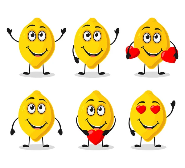 Cute and funny lemon character holding a heart . Lemon icon set . Postcard for the Valentine\'s day. vector illustration on white background