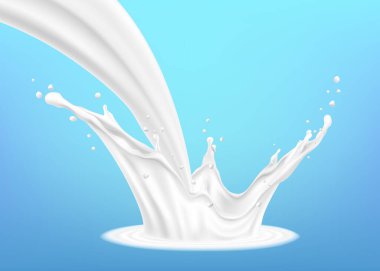 Milk splashes isolated on blue background. Illustration of milk pouring with splashes against blue background. Realistic 3d vector