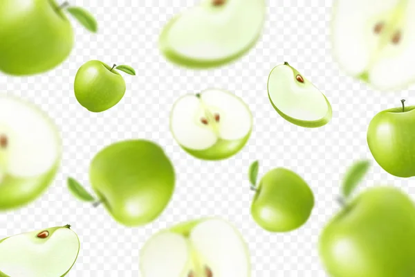 Flying colorful apples. Advertising background falling green apples realistic with blurred effect. 3d vector
