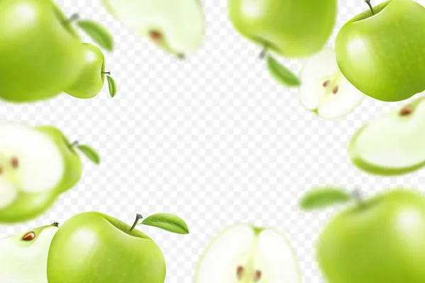 Flying colorful apples. Advertising background falling green apples realistic with blurred effect. 3d vector