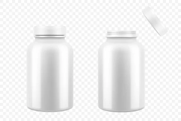 Opened Closed White Plastic Medical Pill Bottles Realistic Vector Illustration — Stock Fotó