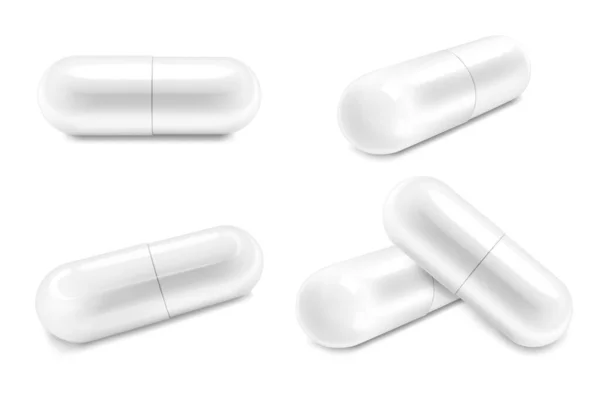 White Medical Pills or Capsules icon set closeup, isolated on transparent background. Design Template of Pills, Capsules for Graphics, Mockup. Medical and Healthcare Concept. Vector 3d Realistic illustration