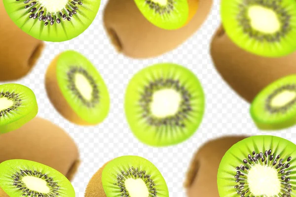 Realistic Kiwi Background Ripe Kiwi Fruit Motion Flying Defocusing Kiwi — стоковое фото