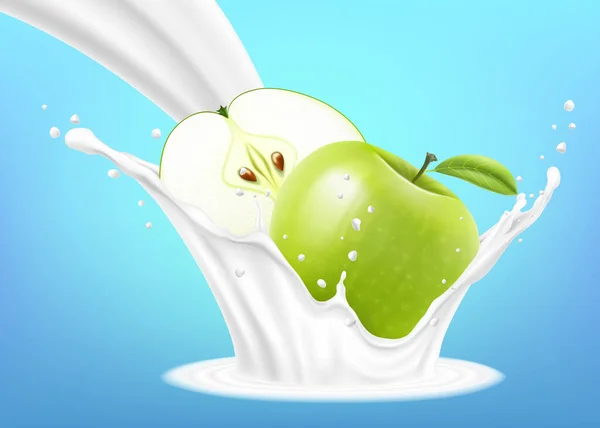 Zelené Jablko Mléčné Skvrně Izolované Modrém Pozadí Jablko Mléčný Jogurt — Stock fotografie