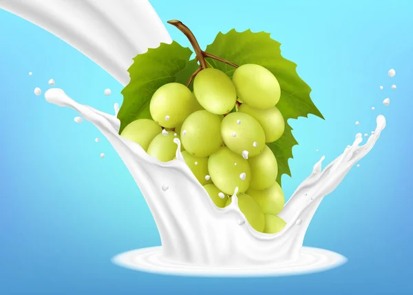 Green Grape Branch Milk Splash Blue Background Realistic Vector Illustration — Foto Stock