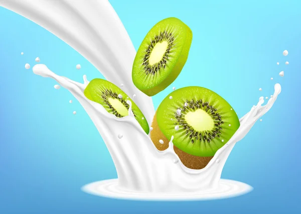 Realistic Kiwi Milk Splashes Drops Vector Illustration Isolated Blue Background — Stok fotoğraf