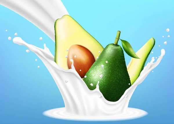 Flowing Milk Splash Avocado Fruits Vector Realistic Ilusstration — Stockfoto