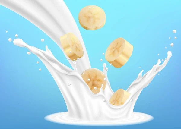 Splash Milk Yogurt Banana Slices Realistic Vector Illustration Isolated Blue — стоковое фото