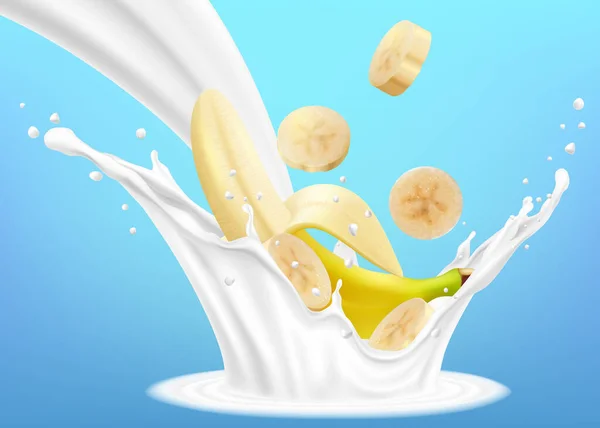Banán Tejjel Vagy Joghurttal Fröcsköl Csepeg Realisztikus Vektor Illusztráció Elszigetelt — Stock Fotó