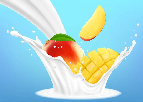 Mango and milk splash. Fruit and yogurt. 3d realistic isolated vector, whole and a slice of mango fall into a milky splash, editable handmade mesh