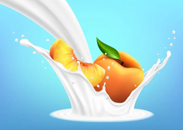 Молочні Бризки Персиковий Векторний Єкт Натуральні Молочні Продукти Персикові Скибочки — стокове фото