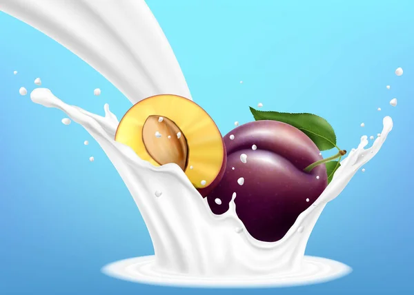 Purple plum with milk or yogurt splashes and drops. Plum in yogurt flow. Realistic 3d vector illustration, isolated on blue background. Ready to use for your design.