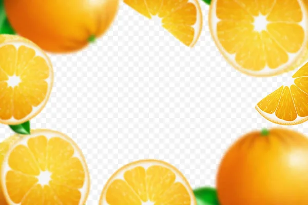 Falling Juicy Oranges Green Leaves Isolated Transparent Background Flying Defocusing — Stockfoto