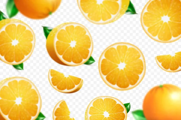Falling Juicy Oranges Green Leaves Isolated Transparent Background Flying Defocusing — 图库照片