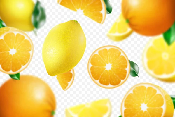 3D realistic citrus background with flying oranges and lemons, with blur effect. Falling lemon and orange fruits are whole and cut in half, isolated on a transparent background ,vector illustration