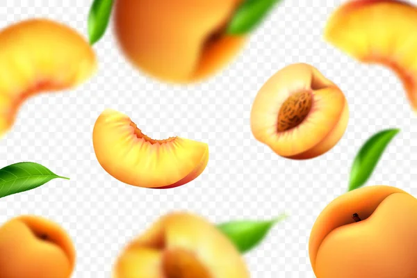 Flying Peaches White Background Vector Realistic Illustration Blur Effect — Stock Fotó