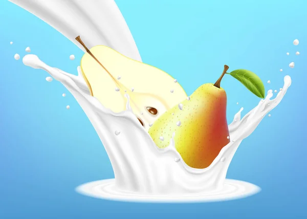 Realistic Tropical Whole Half Sliced Pear Splash Milk Illustration Isolated — Foto de Stock