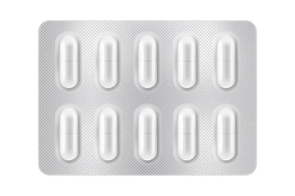 病気や痛みの治療のための薬と一緒に のブリスター タブレット用医薬品パッケージ ビタミン 抗生物質 アスピリン パッケージのモックアップ現実的 背景に分離されたパックのベクトル イラスト — ストック写真