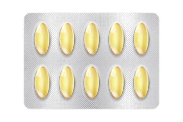 Realistic Fish Oil Omega Pills Blister Capsules White Background Mock — Stok fotoğraf