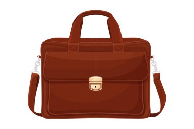 Elegant, modern leather briefcase with handle. Brown Suitcase. Office case. Bag for documents and papers isolated on white background. Flat design