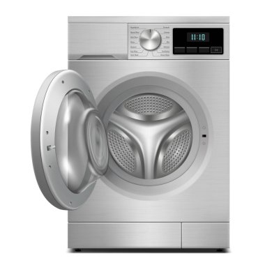 Washing machine mockup isolated on white background. Modern, realistic 3d vector washing machine with open door. llustration of home appliances. Front view, close-up