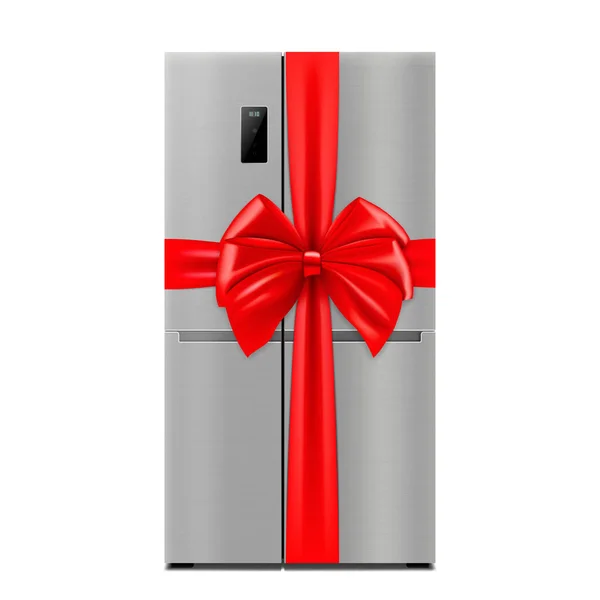 Stainless Steel Double Door Refrigerator Red Ribbon Bow Rendering Gift — Stockový vektor