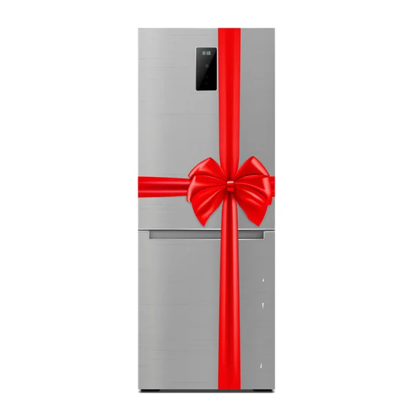 Stainless Steel Refrigerator Red Ribbon Bow Rendering Gift Concept Realistic — Stockový vektor