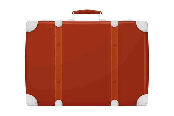 Retro Leather Brown Suitcase Metal Corners Belts Handle Isolated White — стоковый вектор