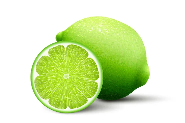 Whole Lime Half Lime Green Lemon Realistic Vector Illustration Isolated - Stok Vektor