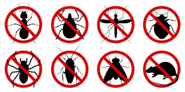 Anti pest control ban, prohibition parasitic insects. Stop, warning, forbidden bug icon set. No, prohibit signs of cockroaches, spiders, fly,mite, ticks, mosquitoes, ants, rats, bug clipart