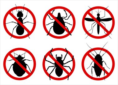 Anti pest control ban, prohibition parasitic insects. Stop, warning, forbidden bug icon set. No, prohibit signs of cockroaches, spiders, ticks, mosquitoes, ants, bug, mite.