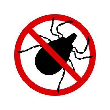 Mite warning sign. Stop parasite icon, vector illustration, silhouette, black and red, tick in a red circle, isolated on white, flat style