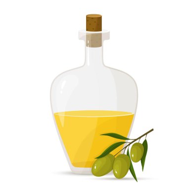 Glass bottle of olive oil and branch of olives, vector flat design