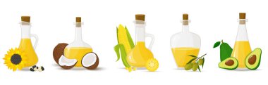 A set of glass bottles with different oils. Olive, sunflower, corn, coconut, and avocado oils. Flat design, vector