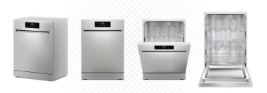 Dishwashing machine with open, closed door, isolated on white background. Smart home appliance concept. Front view. Digital display. Silver color. Realistic 3d Vector illustration.