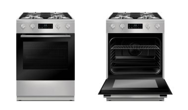 Modern gas stove, multi function stove with touch menu and timer in two views, with open and close door with light. Realistic 3d Vector illustration isolated on white background