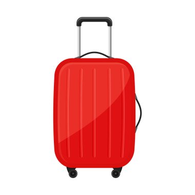 Suitcase for travel, icon isolated white background. Red luggage icon for trip, tourism, voyage or summer vacation. Flat design