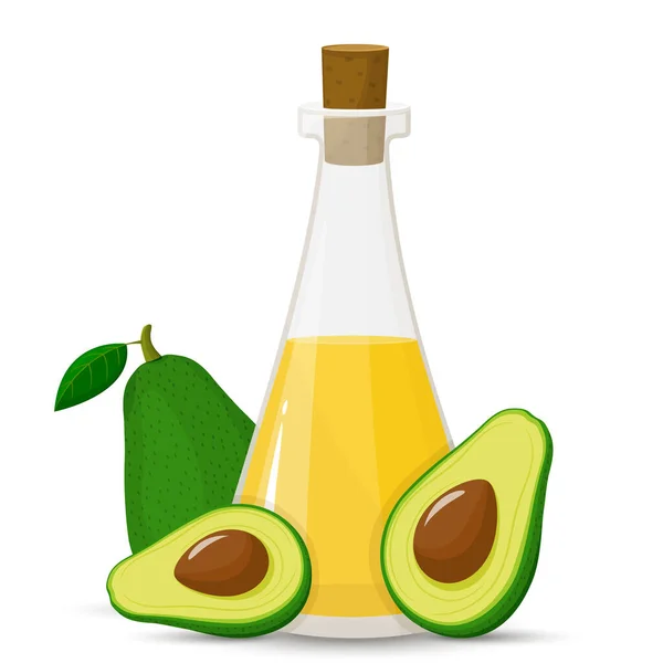 Olio Avocado Bottiglia Vetro Frutta Ingredienti Biologici Naturali Isolati Trattamento — Vettoriale Stock
