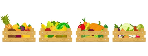 Set Wooden Boxes Different Fresh Vegetables Berries Fruits Isolated White — Stock Vector