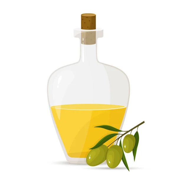 Glass Bottle Olive Oil Branch Olives Vector Flat Design — Stock Vector